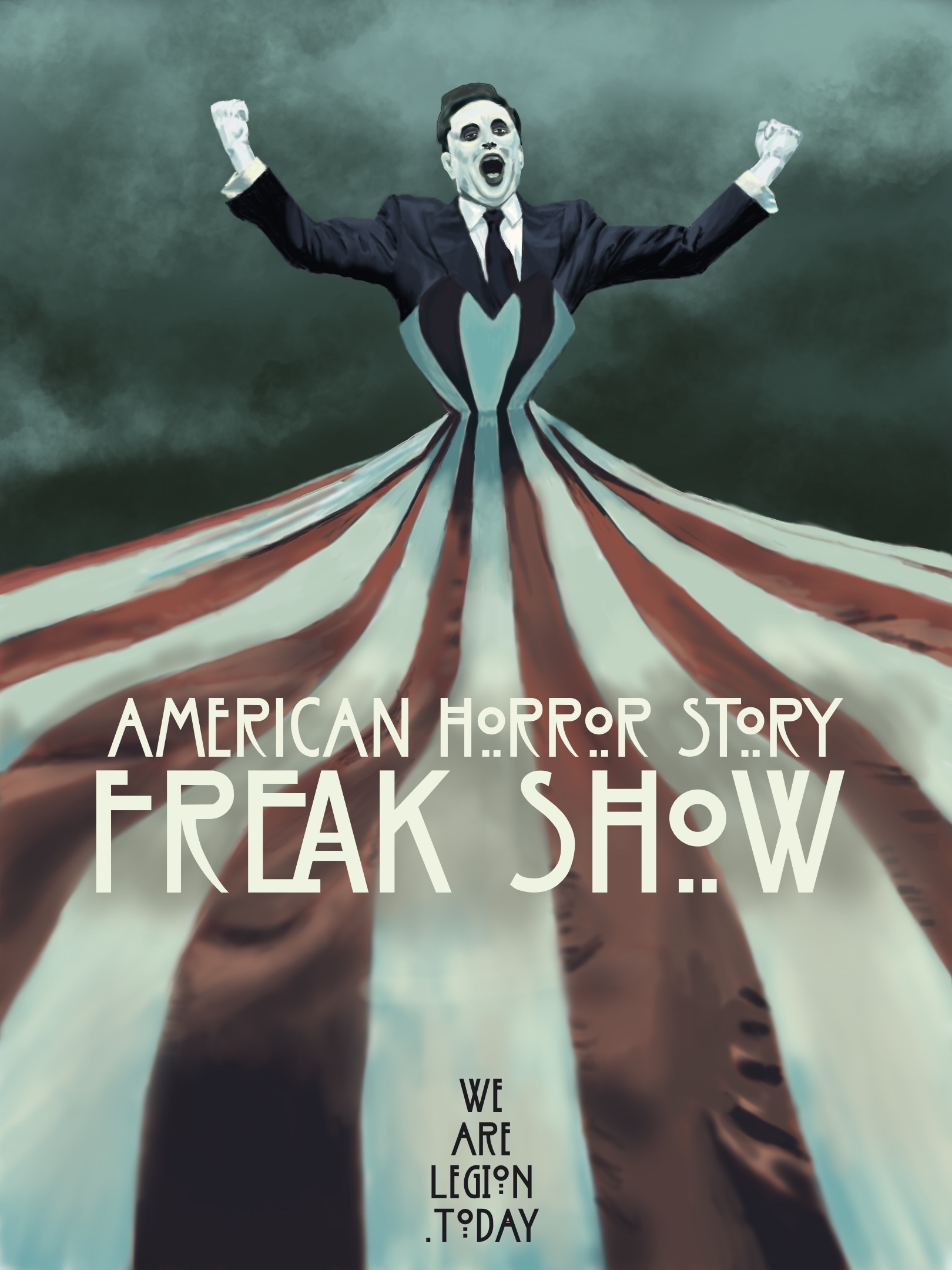 An artwork based on the poster for American Horror Story: Freak Show, featuring elon musk with a painted white face and his fists raised, his lower body merging into a big red and white circus tent skirt