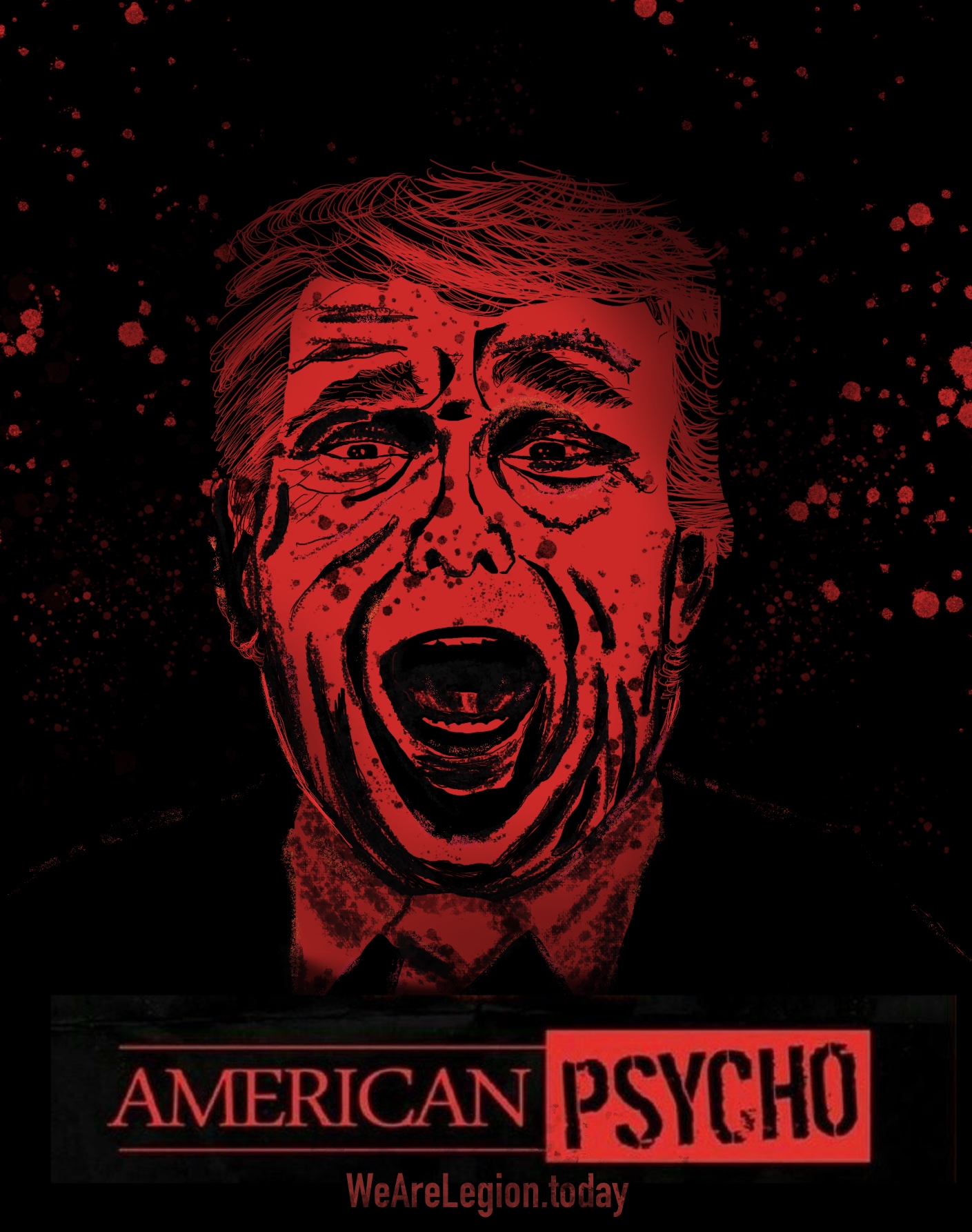 An artwork featuring trump as the homicidal antagonist on the poster for horror movie American Psycho