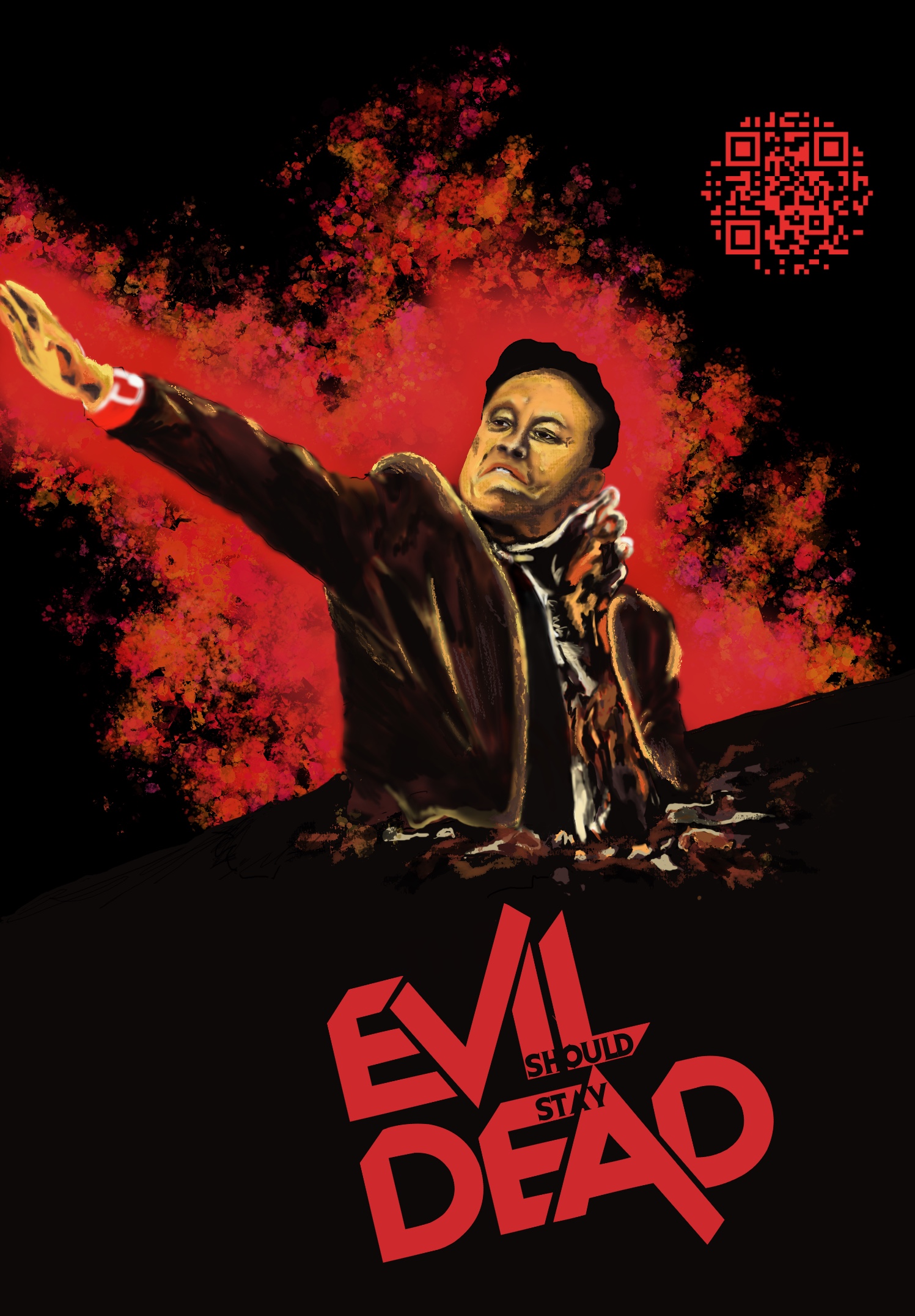 An artwork featuring an undead arm bursting through the ground to drag down Elon musk raising his arm in a nazi salute