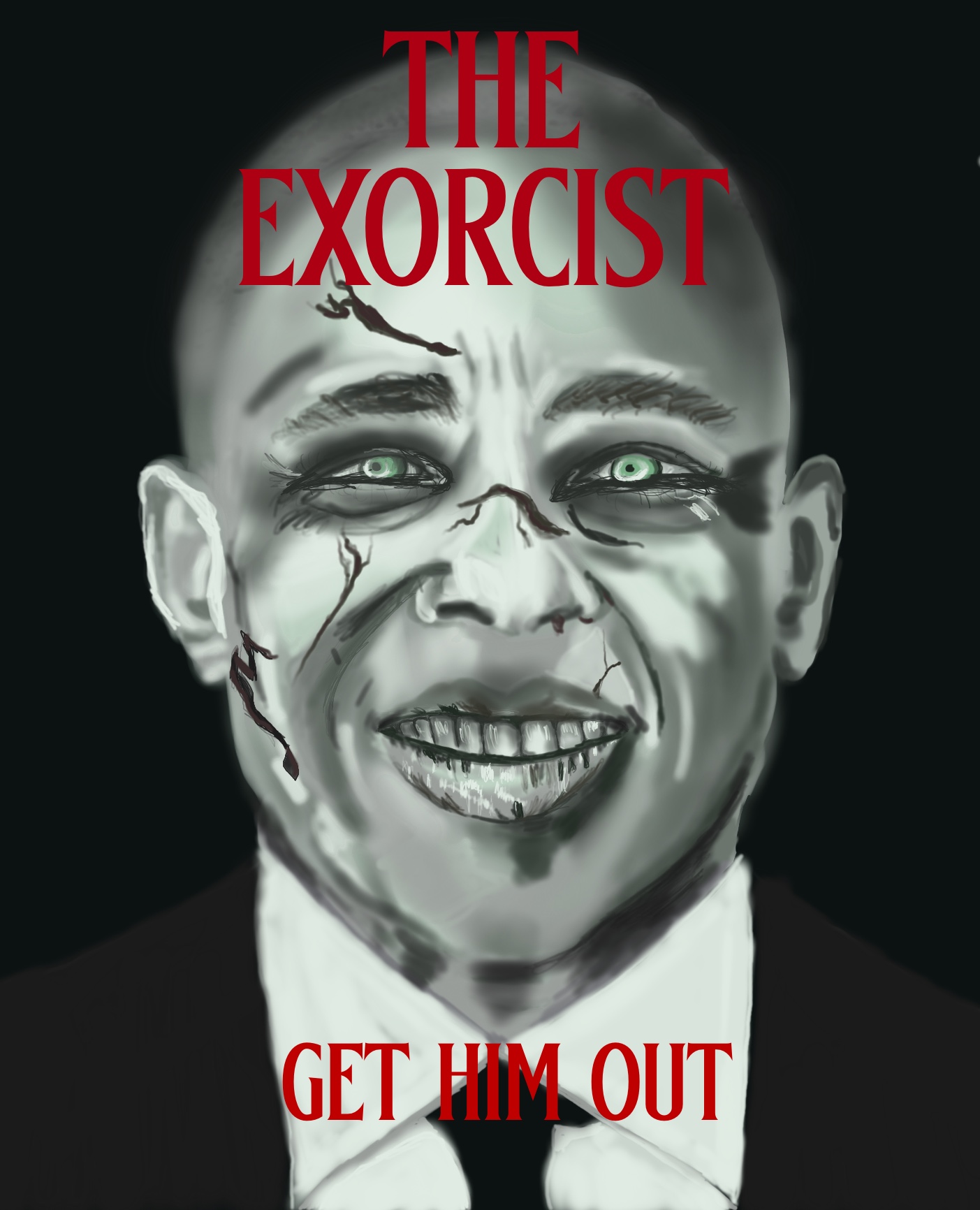 An artwork featuring Eric Adams as the possessed little girl on the Exorcist movie poster with the phrase GET HIM OUT in red lettering
