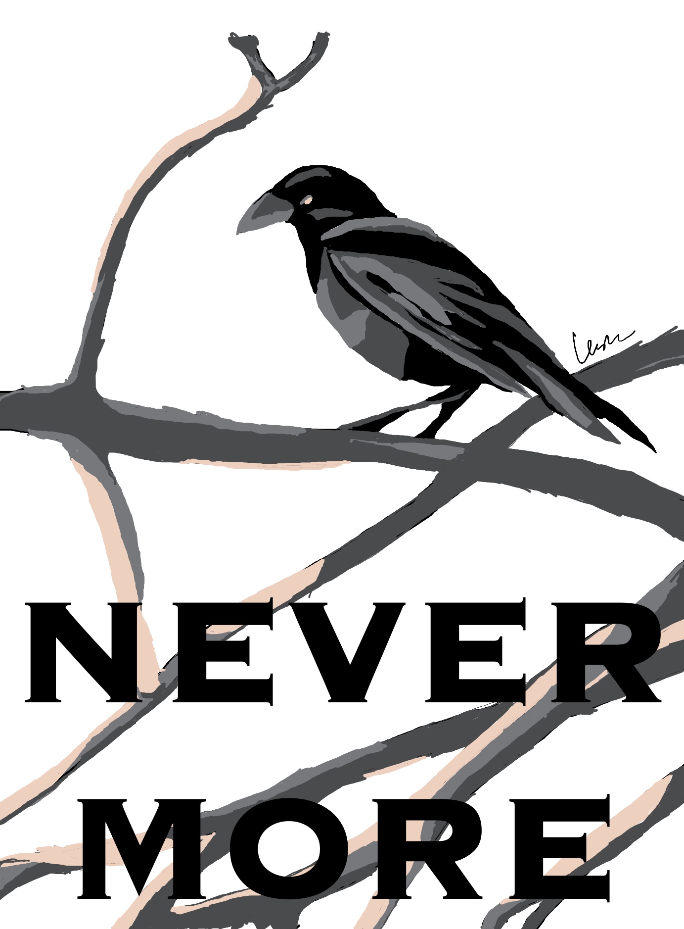 an image of a digital collage of a raven sitting on a bare winter tree branch above the word NEVERMORE in bold type