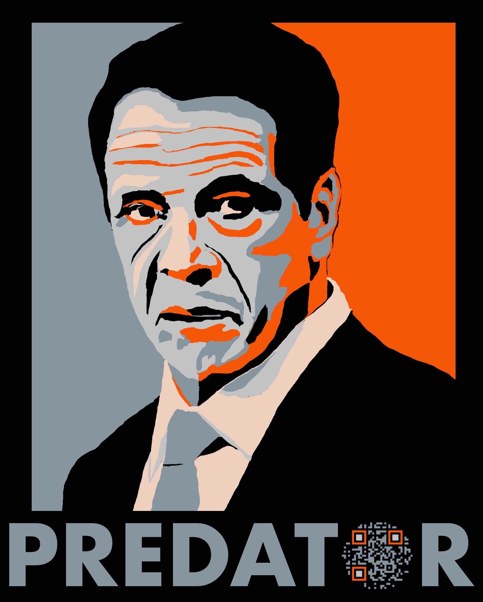 A digital collage portrait parodying the Obama HOPE poster, featuring a predatory-looking Cuomo above the word PREDATOR in bold type