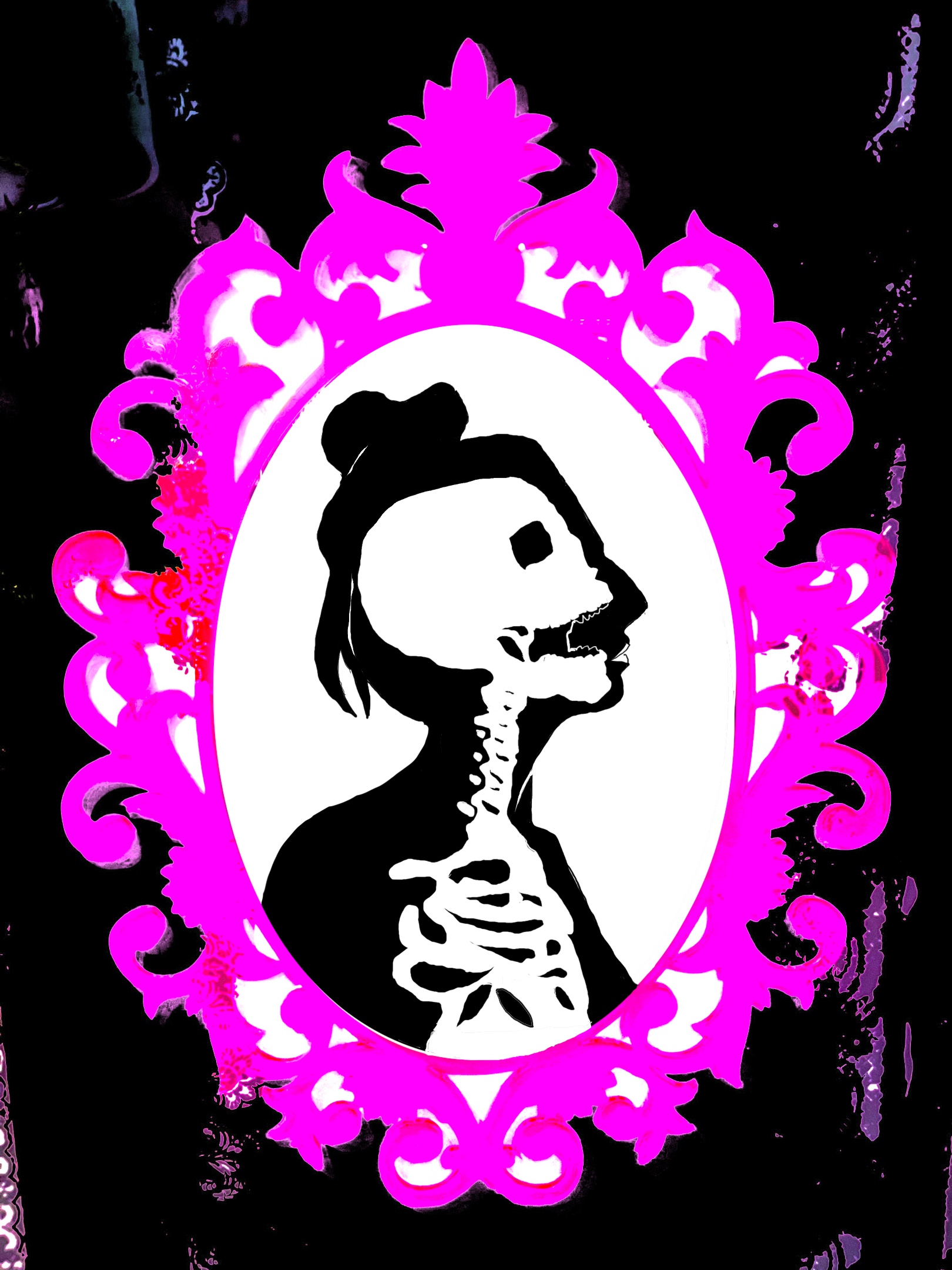 A digital collage portrait featuring the silhouette of a woman in profile; she appears externally calm but the silhouette of her skeleton shows she is screaming. This is framed in a hot pink baroque frame